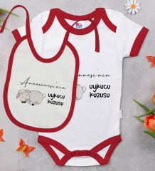 BK Kids Anneannesi'nin Uykucu Kuzusu Tasarımlı Kırmızı Bebek Body Zıbın ve Mama Önlüğü Hediye Seti-1