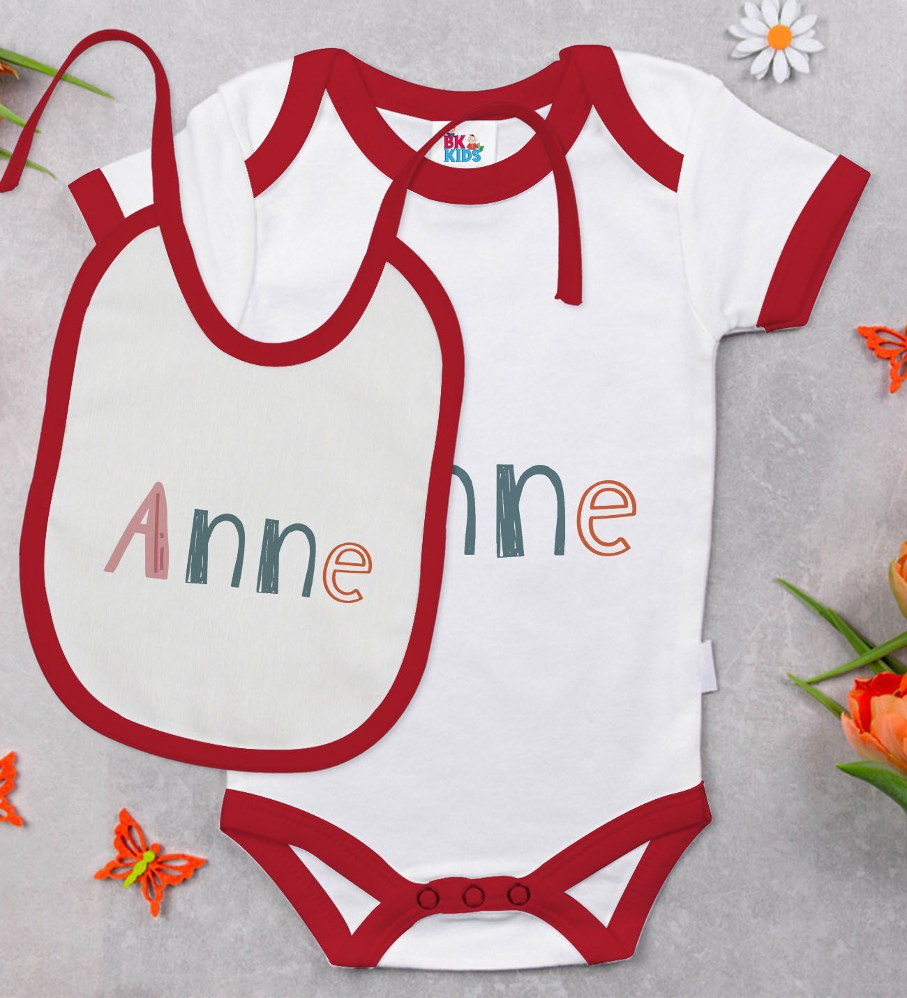 BK Kids Anne Tasarımlı Kırmızı Bebek Body Zıbın ve Mama Önlüğü Hediye Seti