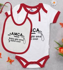 BK Kids Amca Baba Gibi Tasarımlı Kırmızı Bebek Body Zıbın ve Mama Önlüğü Hediye Seti-1