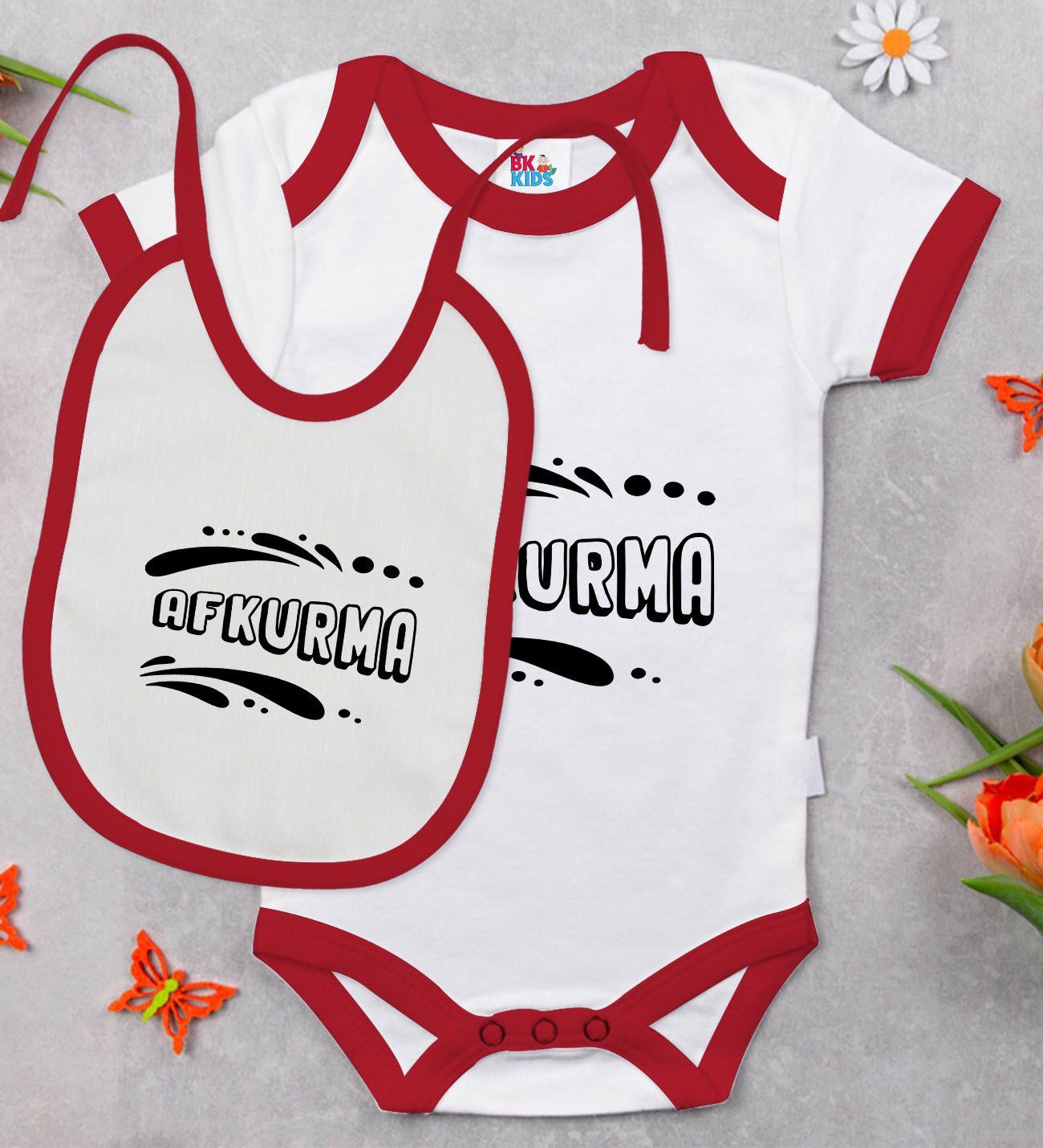 BK Kids Afkurma Tasarımlı Kırmızı Bebek Body Zıbın ve Mama Önlüğü Hediye Seti-1
