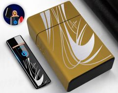 BK Gift Kişiye Özel Sarı Sigara Tabakası ve Elektronik Dokunmatik Alevsiz Şarjlı Çakmak Hediye Seti-10, Metal Sigara Tabakası, Elektronik Çakmak