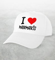 BK Gift I Love Marmaris Tasarımlı Beyaz Şapka - Model 1