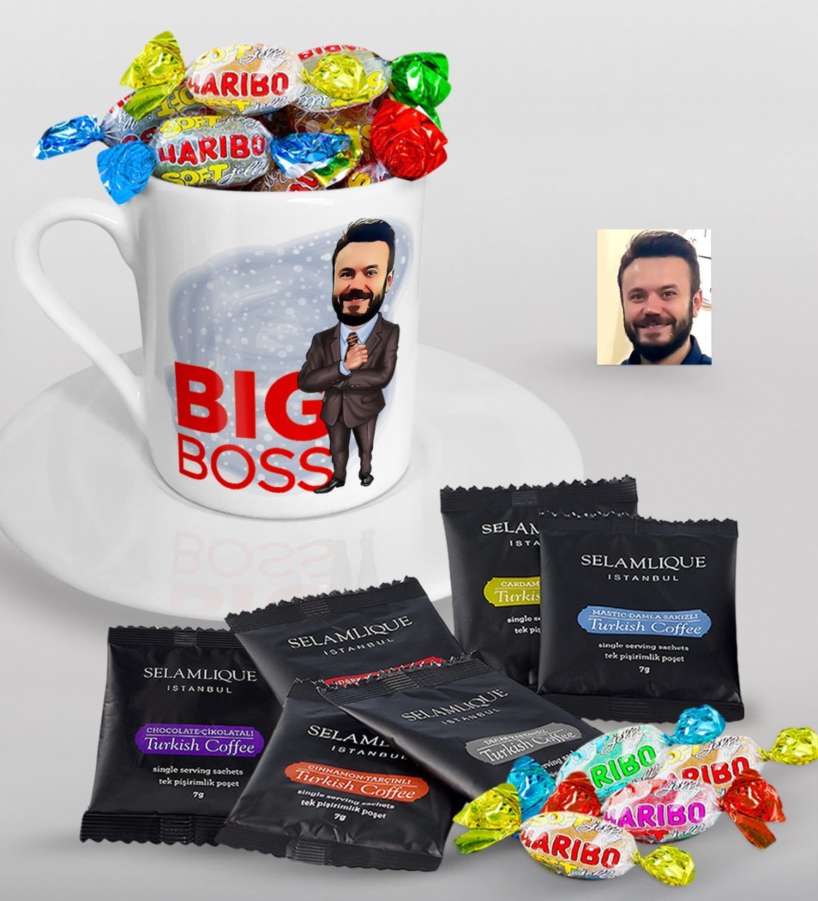 Kişiye Özel Erkek Big Boss Karikatürlü Türk Kahvesi Fincanı Selamlique Karışık Türk Kahvesi ve Haribo Şeker Hediye Seti-2