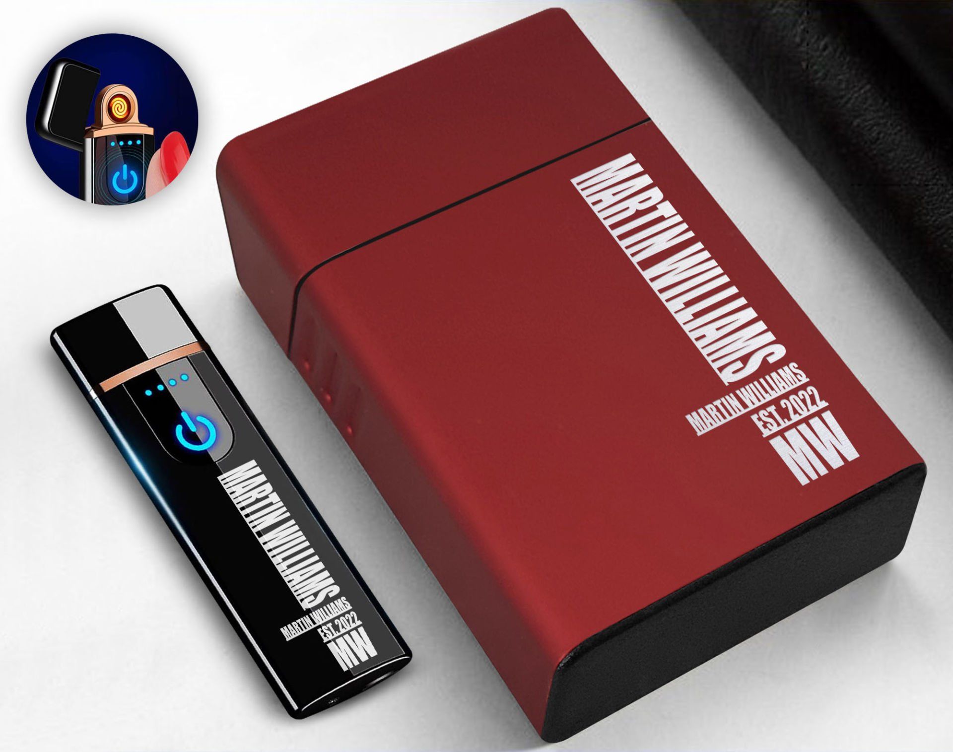 BK Gift Kişiye Özel Kırmızı Sigara Tabakası ve Elektronik Dokunmatik Alevsiz Şarjlı Çakmak Hediye Seti-7, Metal Sigara Tabakası, Elektronik Çakmak