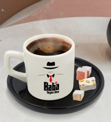 Kişiye Özel Siyah Sunum Tabaklı Baba Godfather Tasarımlı Türk Kahvesi Fincanı Model 17