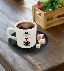 Kişiye Özel Siyah Sunum Tabaklı Baba Godfather Tasarımlı Türk Kahvesi Fincanı Model 17