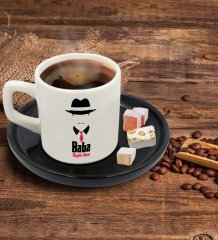 Kişiye Özel Siyah Sunum Tabaklı Baba Godfather Tasarımlı Türk Kahvesi Fincanı Model 11