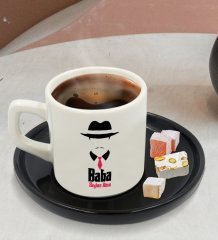Kişiye Özel Siyah Sunum Tabaklı Baba Godfather Tasarımlı Türk Kahvesi Fincanı Model 11
