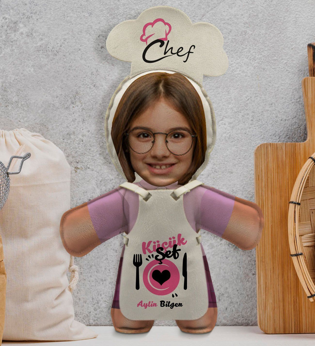 BK Gift Kişiye Özel Fotoğraflı Kız Çocuk Chef Bebek Yastık-2