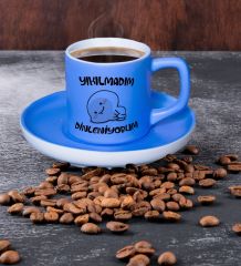 BK Gift Yıkılmadım Dinleniyorum Tasarımlı Mat Mavi Renk Türk Kahvesi Fincanı-1, Renkli Türk Kahvesi Fincanı