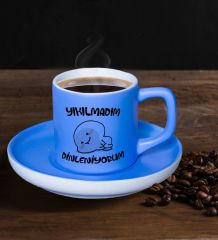 BK Gift Yıkılmadım Dinleniyorum Tasarımlı Mat Mavi Renk Türk Kahvesi Fincanı-1, Renkli Türk Kahvesi Fincanı