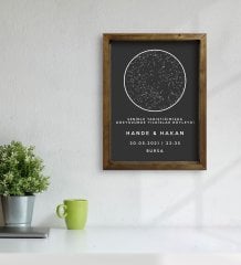 BK Gift Kişiye Özel Gökyüzü Yıldız Haritası Doğal Masif Ahşap Çerçeveli Tablo 45x65cm