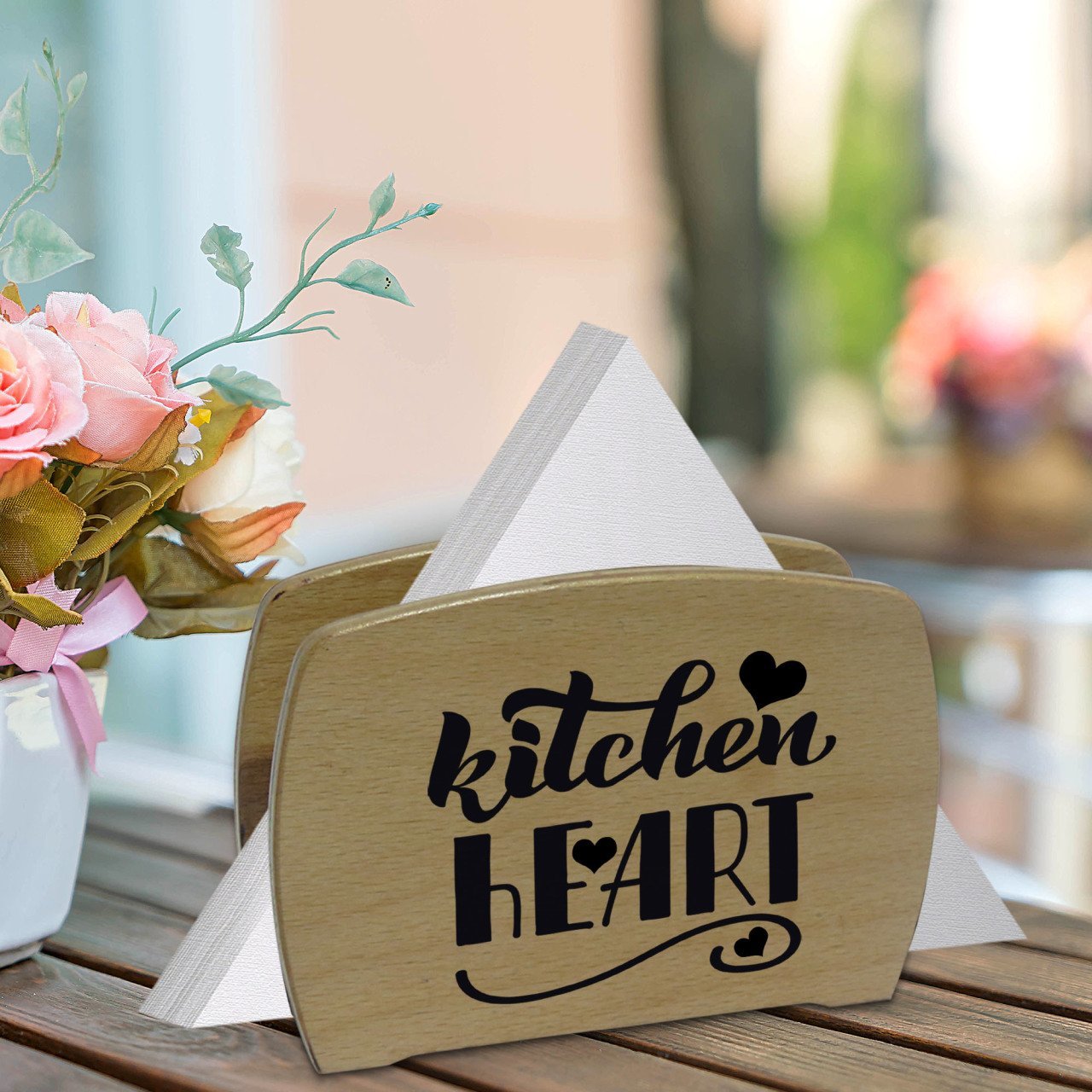 BK Gift Kitchen Heart Tasarımlı Lüks Ahşap Peçetelik-1