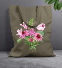 BK Gift Çiçek Tasarımlı-6 Haki Kumaş Bez Çanta, Baskılı Omuz Çantası, Alışveriş Çantası, Arkadaşa Hediye