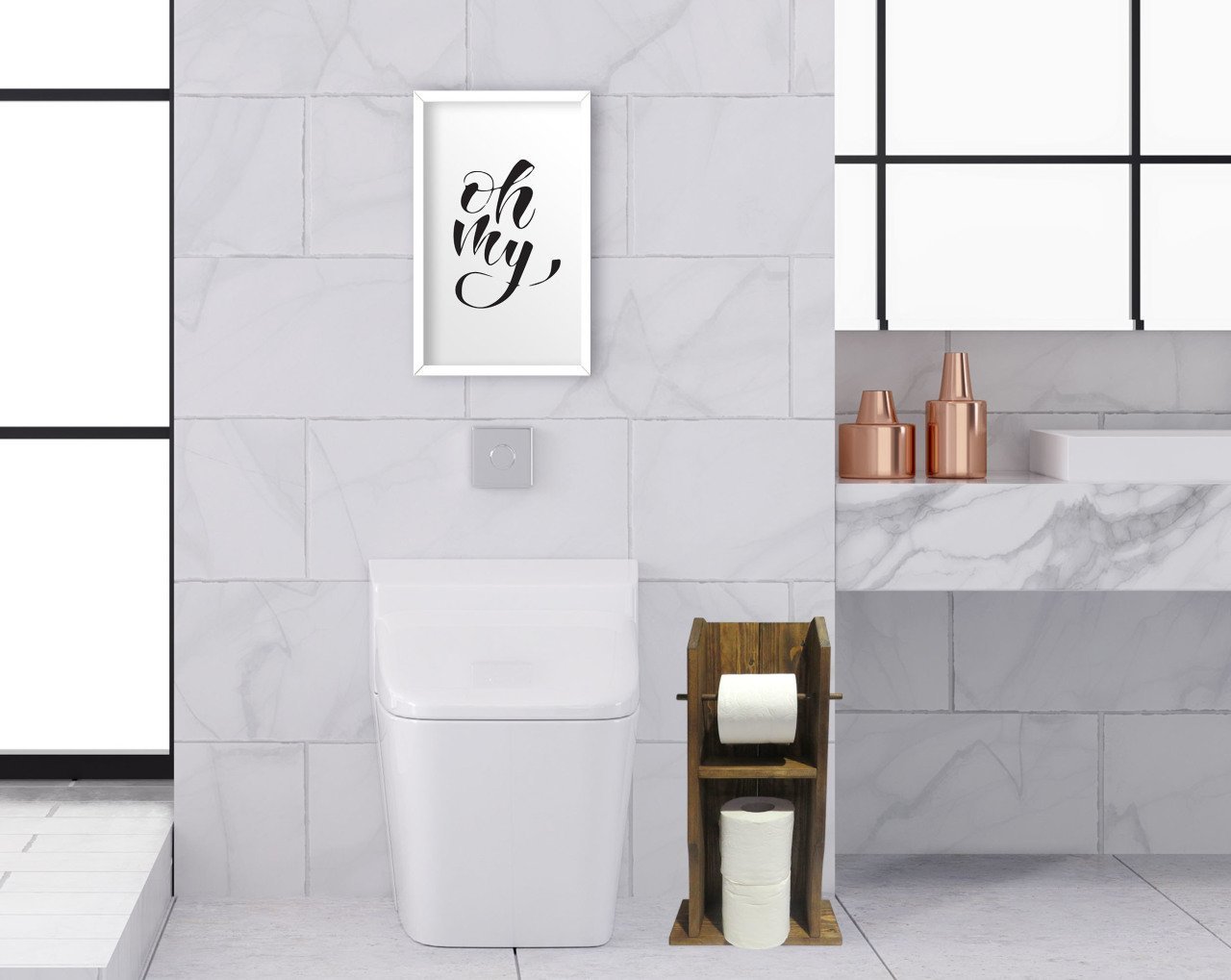 BK Home Doğal Masif Ahşap Tuvalet Kağıtlığı ve Dekoratif Ahşap Beyaz Çerçeveli Tablo Seti-5