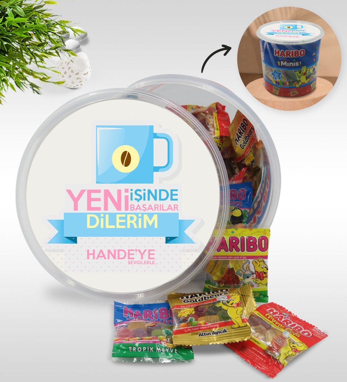 Kişiye Özel İsimli Yeni İşinde Başarılar Tasarımlı Dev Boy Haribo Minis Kovası (10gx100adet) Model 4