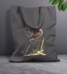 BK Gift Kuş Tasarımlı-1 Antrasit Kumaş Bez Çanta, Baskılı Omuz Çantası, Alışveriş Çantası, Anneye Hediye