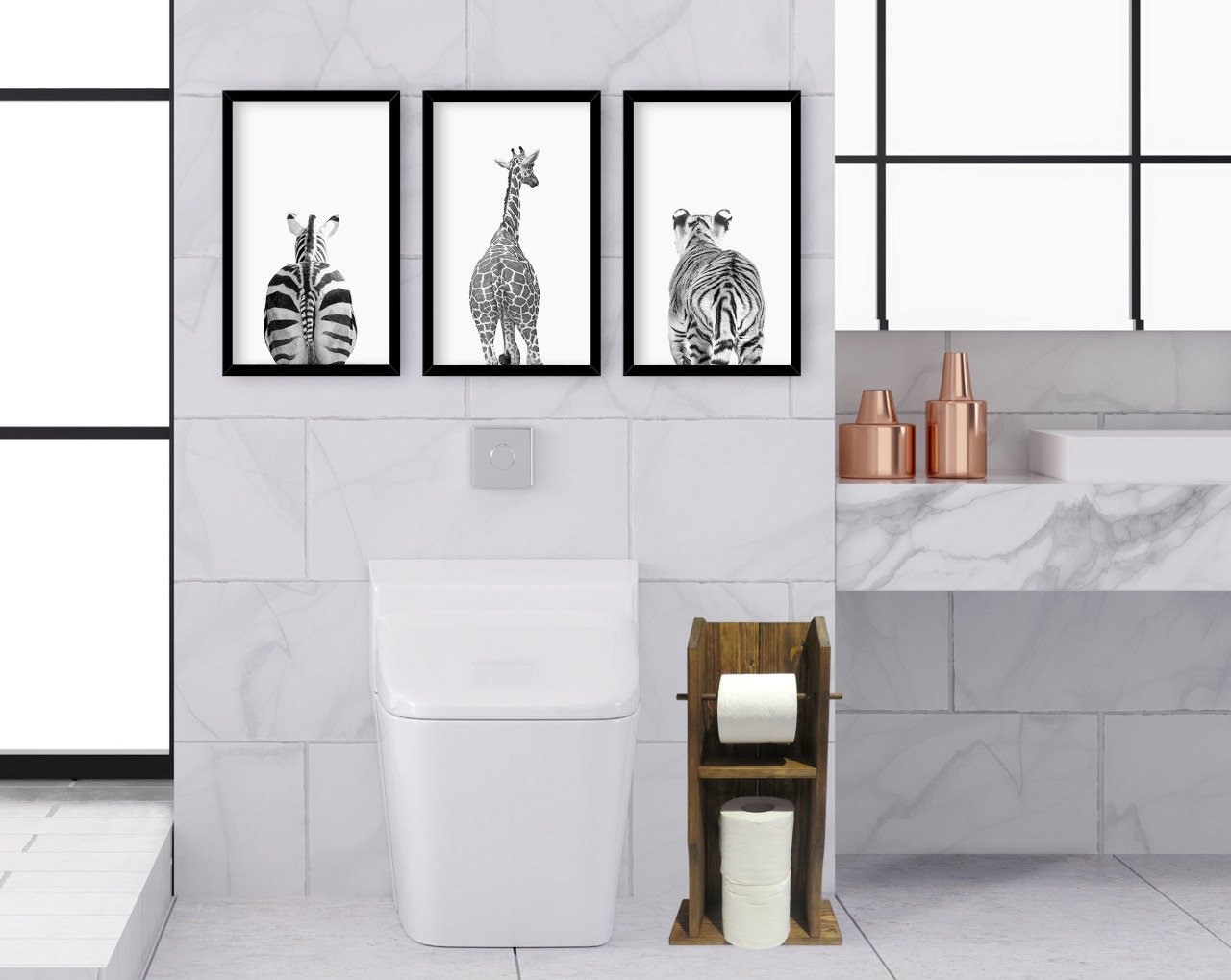 BK Home Doğal Masif Ahşap Tuvalet Kağıtlığı ve Dekoratif 3’lü Ahşap Siyah Çerçeveli Tablo-2