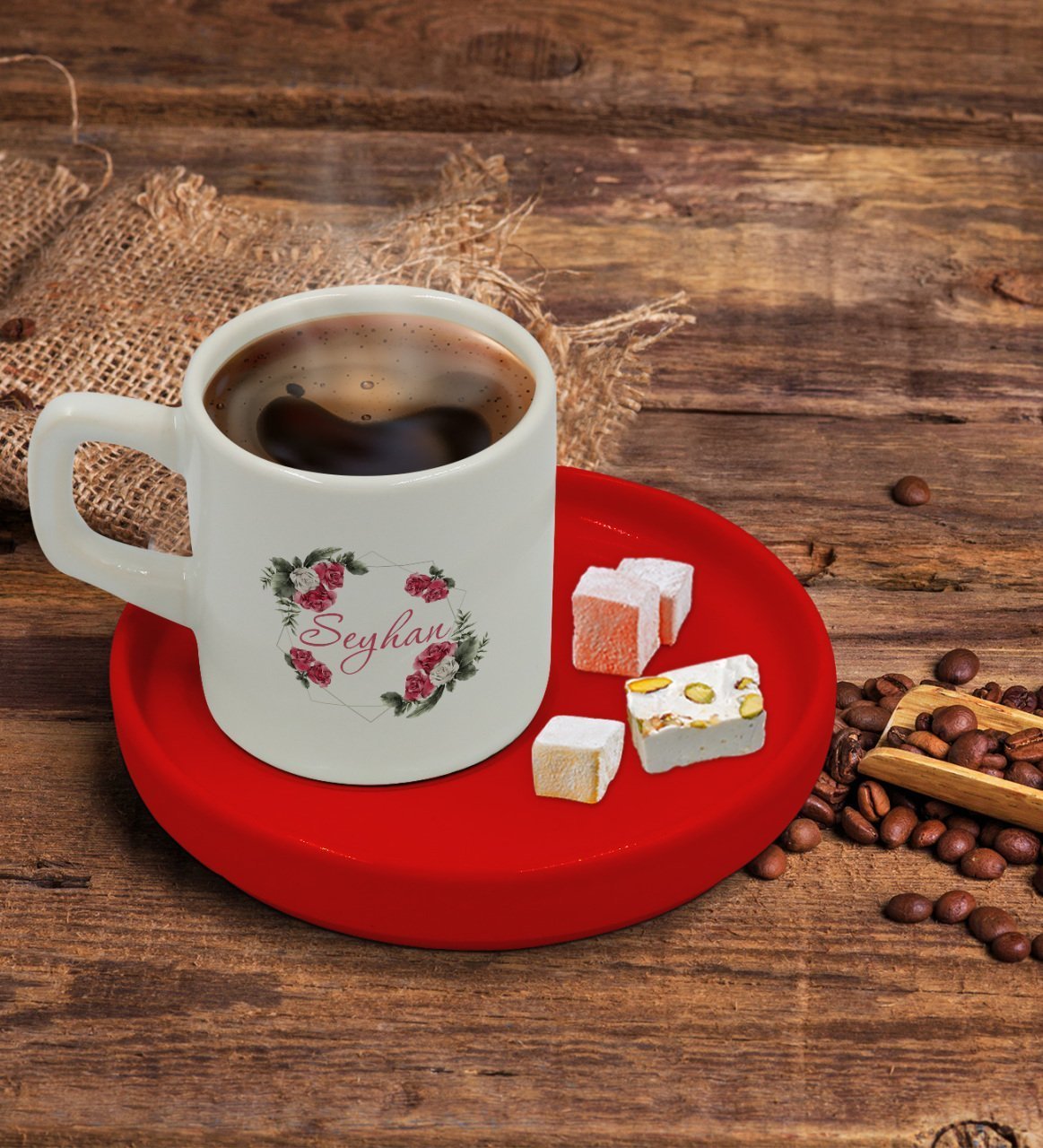 Kişiye Özel Kırmızı Sunum Tabaklı Çiçek Tasarımlı Türk Kahvesi Fincanı Model 15