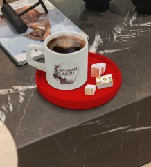 Kişiye Özel Kırmızı Sunum Tabaklı Çiçek Tasarımlı Türk Kahvesi Fincanı Model 13