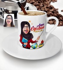 Kişiye Özel Tesettürlü Bayan Öğretmen Karikatürlü Türk Kahvesi Fincanı - 1