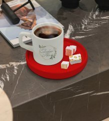 Kişiye Özel Kırmızı Sunum Tabaklı Çiçek Tasarımlı Türk Kahvesi Fincanı Model 11