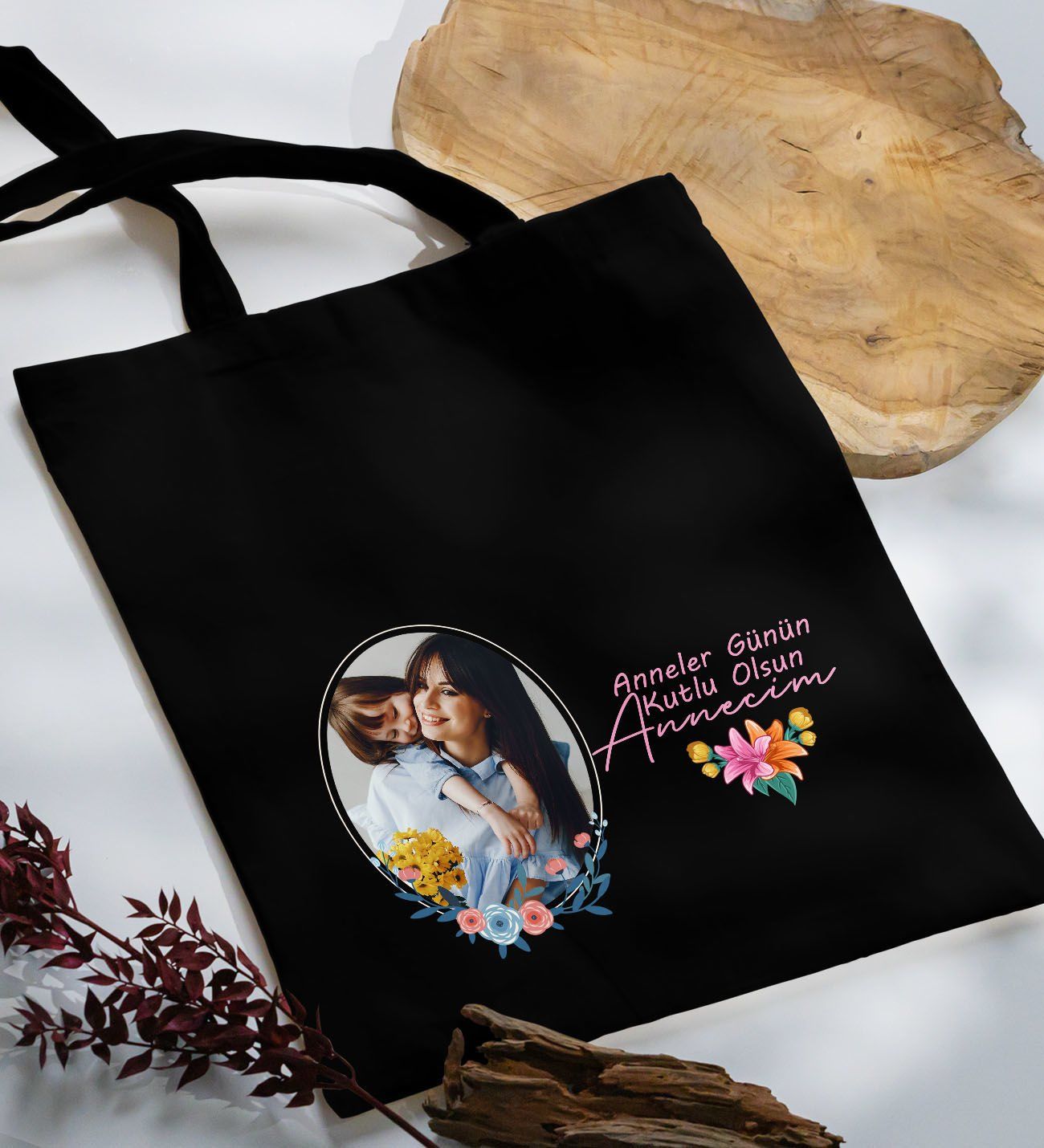 BK Gift Kişiye Özel Fotoğraflı Anneler Günü Tasarımlı Siyah Kumaş Bez Çanta, Baskılı Omuz Çantası, Alışveriş Çantası, Anneler Günü Hediyesi, Anneye Hediye-1