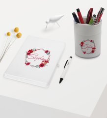 BK Gift Kişiye Özel Çiçek Tasarımlı Beyaz Defter Kalem ve Kalemlik Hediye Seti - Model 27