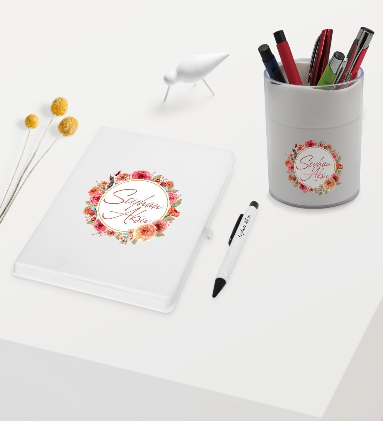BK Gift Kişiye Özel Çiçek Tasarımlı Beyaz Defter Kalem ve Kalemlik Hediye Seti - Model 12