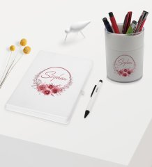 BK Gift Kişiye Özel Çiçek Tasarımlı Beyaz Defter Kalem ve Kalemlik Hediye Seti - Model 1