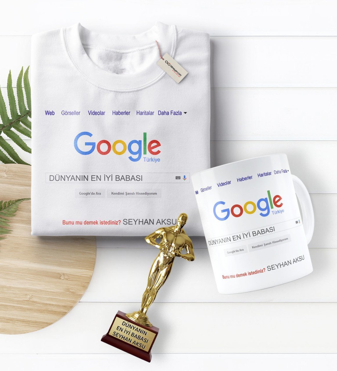 Kişiye Özel Google Dünyanın En İyi Babası Tişört Kupa Oscar Ödülü Hediye Seti