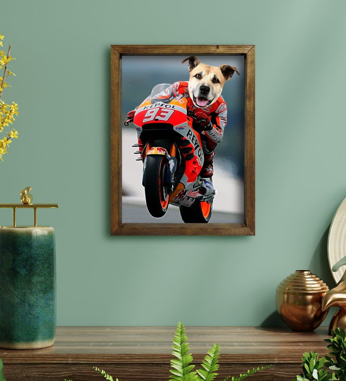 Evcil Dostlara Özel MotoGP Tasarımlı Portre Doğal Masif Ahşap Çerçeveli Tablo 30x40cm-1