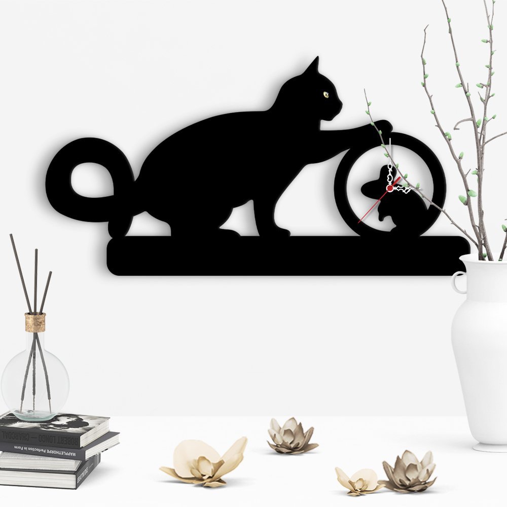 Dekoratif Kedi Tasarımlı Ahşap Duvar Saati - 4