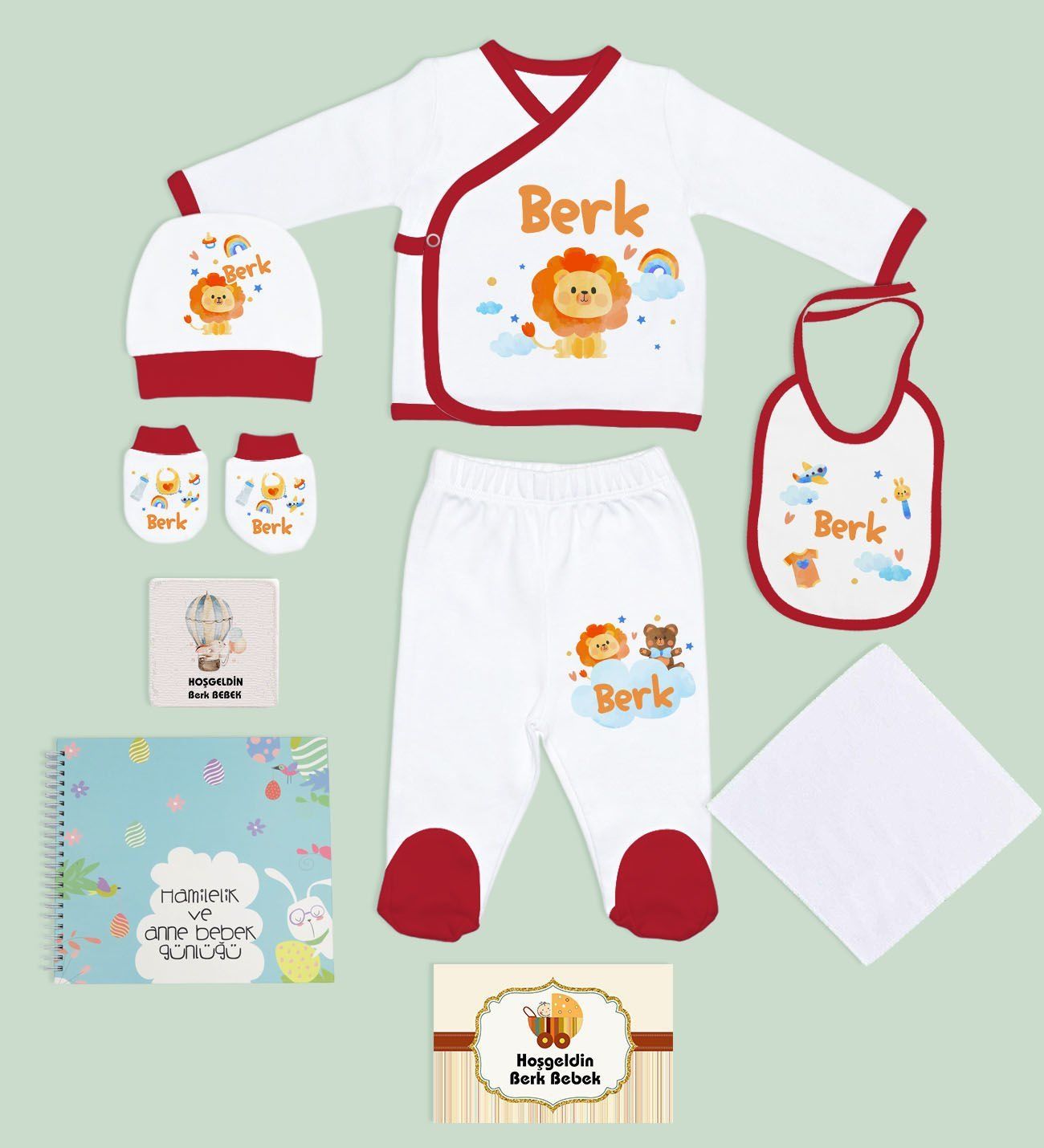 BK Kids Kişiye Özel Kırmızı Hastane Çıkışı, Anne-Bebek Günlüğü, Yeni Doğan Bebek Giyim Hediyesi, 9 Parça Bebek Hediye Seti-4