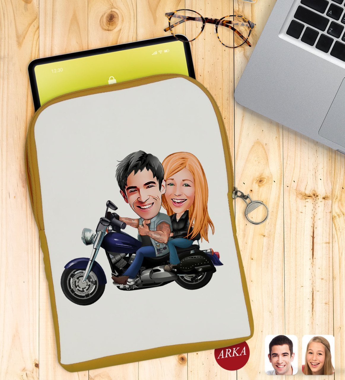 Kişiye Özel Motorcu Sevgililer Karikatürlü Taşınabilir Koruyucu Tablet Kılıfı & Organizer Çanta - Sarı-1