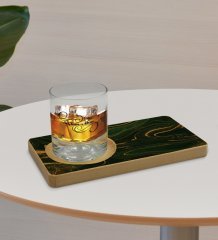 Kişiye Özel Mermer Tasarımlı Doğal Ahşap Tabaklı Viski Bardağı Sunum Seti Model 4