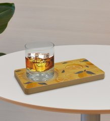 Kişiye Özel Limon Tasarımlı Doğal Ahşap Tabaklı Viski Bardağı Sunum Seti Model 2