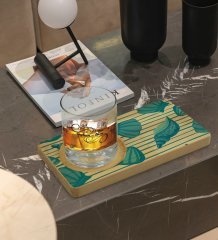 Kişiye Özel Deniz Kabukları Tasarımlı Doğal Ahşap Tabaklı Viski Bardağı Sunum Seti Model 2