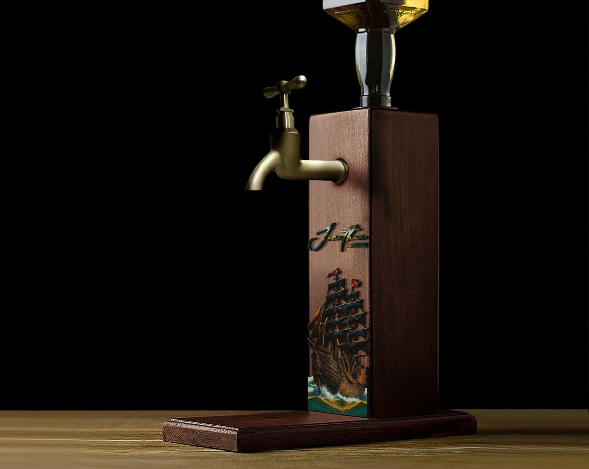 BK Gift Kişiye Özel Kabartma İsimli Tarihli Pirates Ship Tasarımlı Musluklu Ceviz Ahşap Şarap Standı-7, Viski Çeşmesi, Babaya Hediye, İçecek Dispenseri