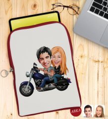 Kişiye Özel Motorcu Sevgililer Karikatürlü Taşınabilir Koruyucu Tablet Kılıfı & Organizer Çanta - Kırmızı-1