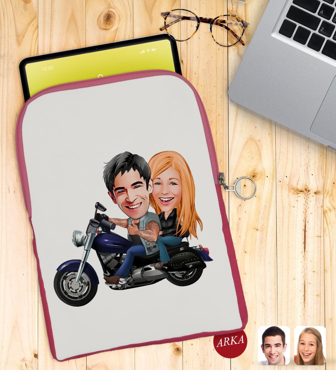Kişiye Özel Motorcu Sevgililer Karikatürlü Taşınabilir Koruyucu Tablet Kılıfı & Organizer Çanta - Pembe-1