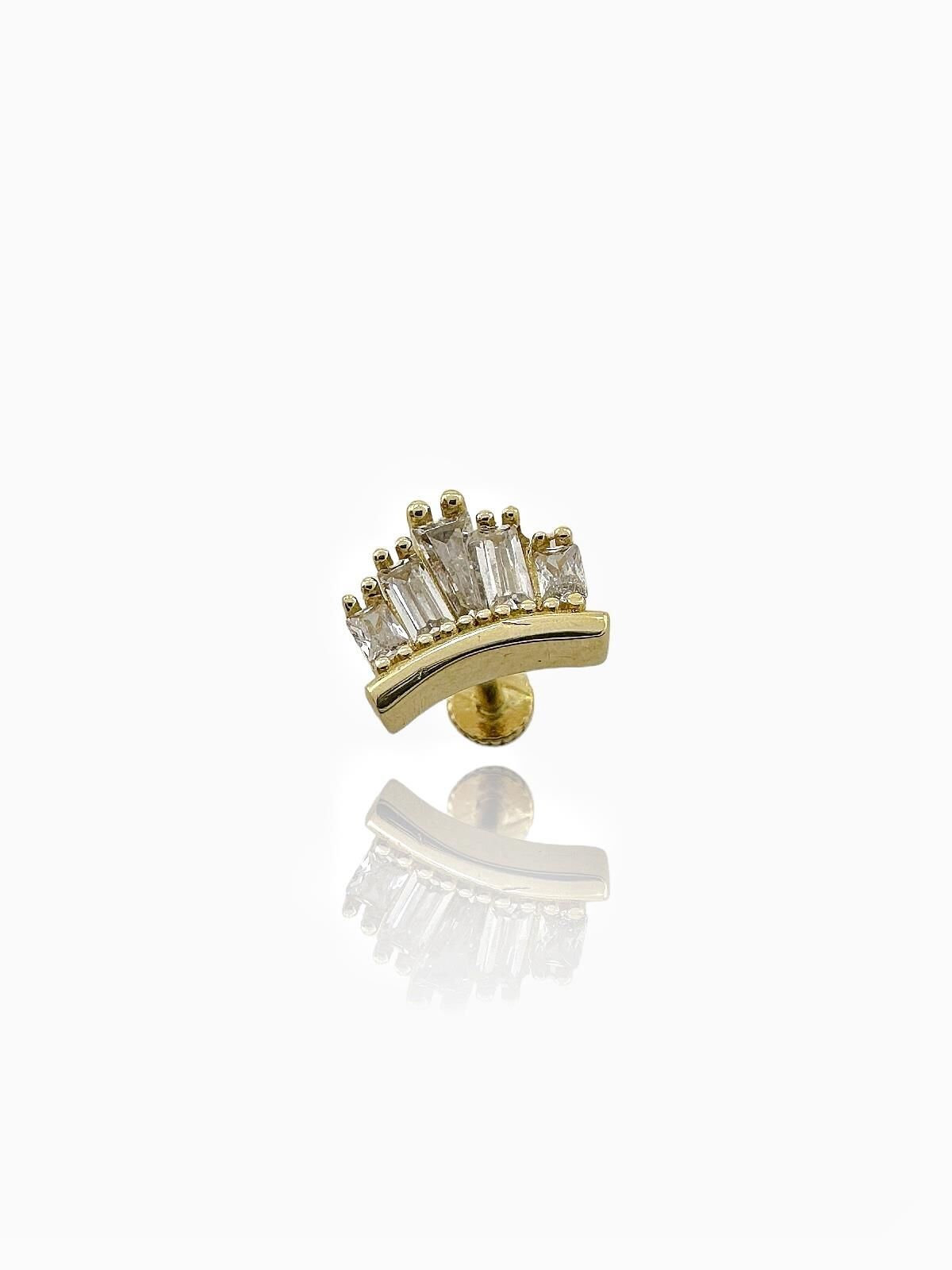 Pırlanta Modeli Kraliçe Tacı Baget Taşlı Tragus Küpe 14 Ayar Altın