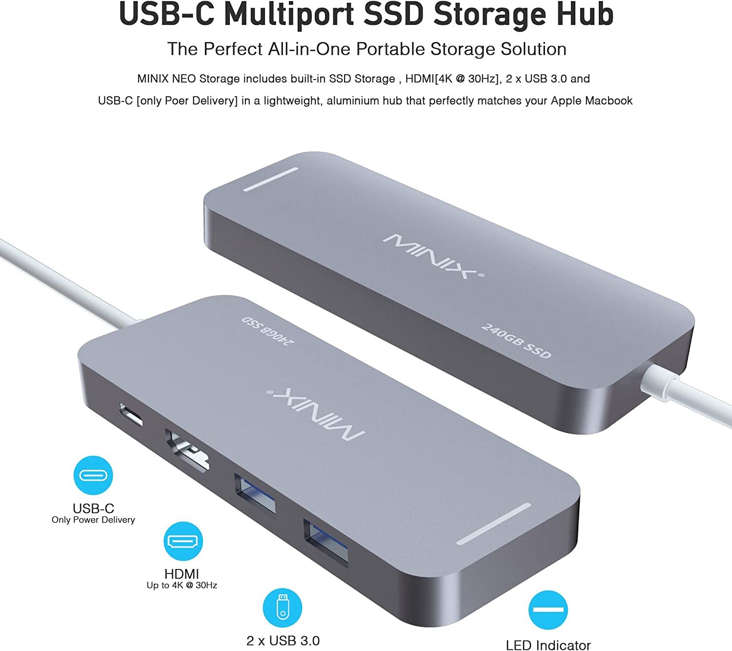 Minix Usb-C 240GB SSD ve Çoklu Bağlantı Gray (Minix Türkiye Garantili)