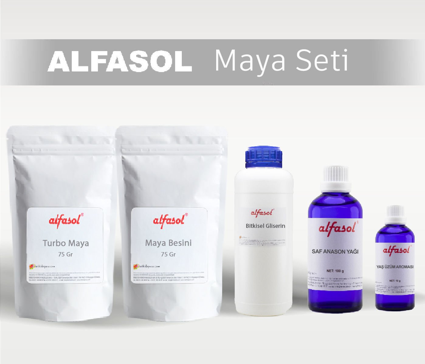 Alfasol 75Gr Turbo Maya - 75Gr Maya Besini + 100 Gr Anason Yağı + 10 Gr Yaş üzüm Aroması + 250 Gr Gliserin Seti