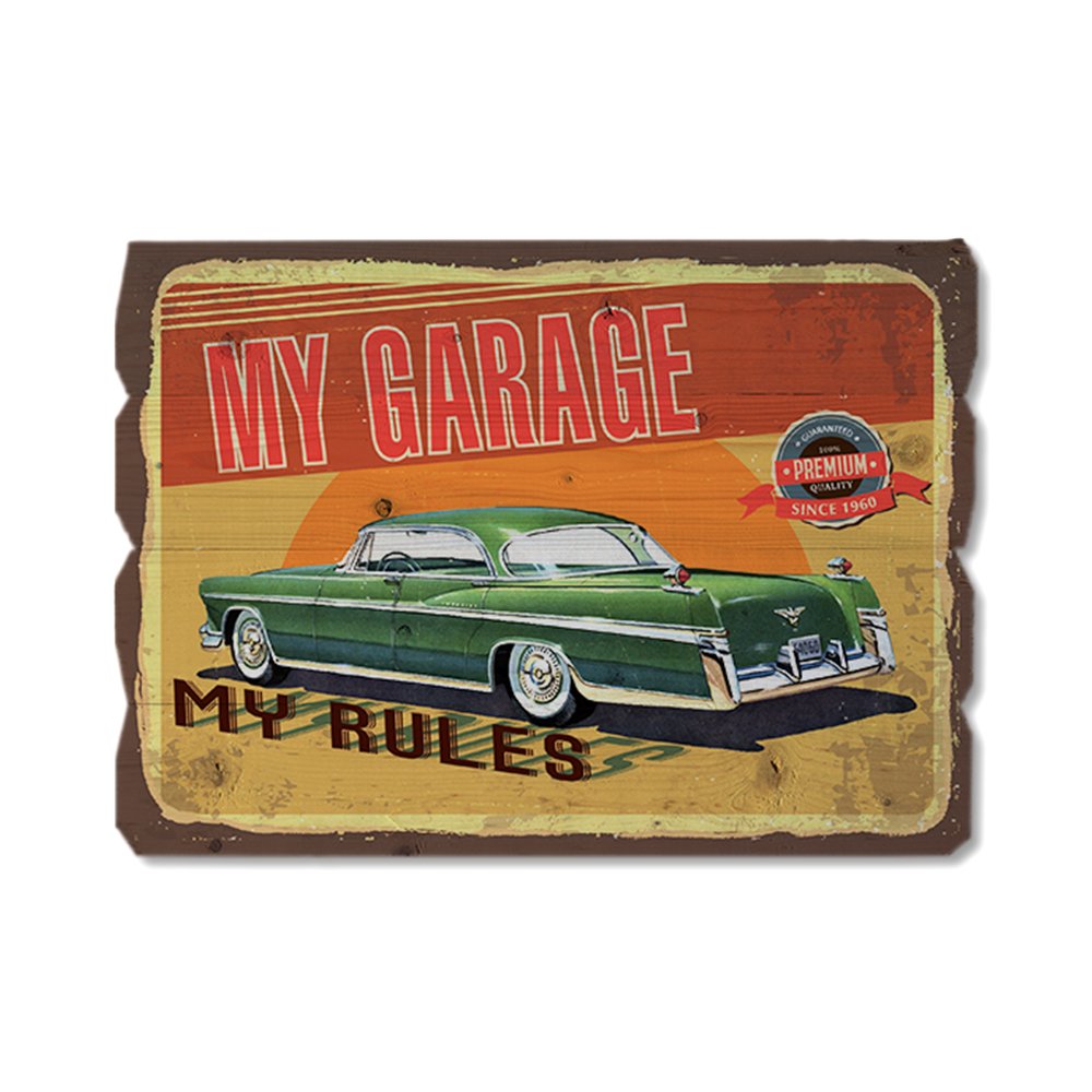 Ahşap Duvar Panosu ''My Garage My Rules'' 40x36 cm - Ev Dekorasyonu