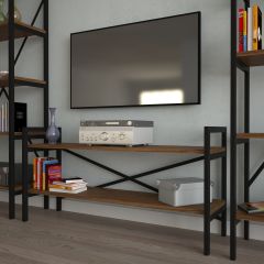 EraHome 2 Raflı Metal Tv Ünitesi + 2 Adet 90 cm Kitaplık Ceviz