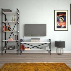 2 Raflı Metal Tv Ünitesi + 1 Adet 60 cm Kitaplık Beyaz
