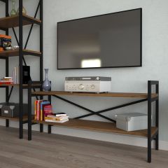 2 Raflı Metal Tv Ünitesi + 1 Adet 60 cm Kitaplık Ceviz