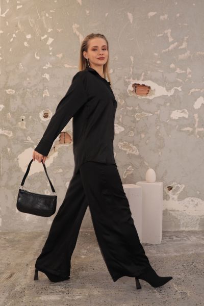 Kaktüs Kobe Saten Kumaş Beli Lastikli Kadın Pantolon  - Siyah