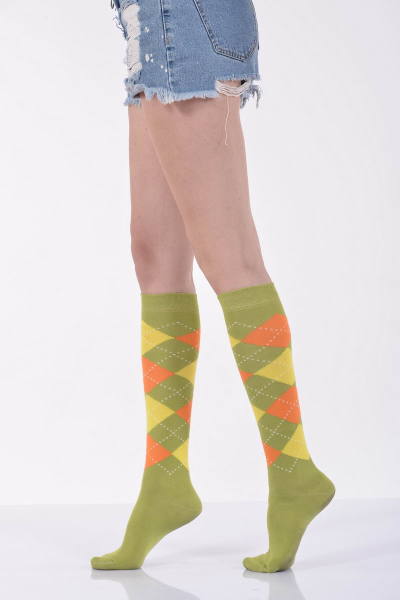 Kadın Ekoseli Dizaltı Çorabı  - Yeşil